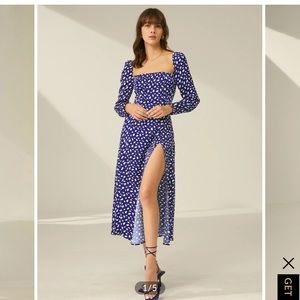 Small Square Neck Long Sleeve Patterned Slit Dress